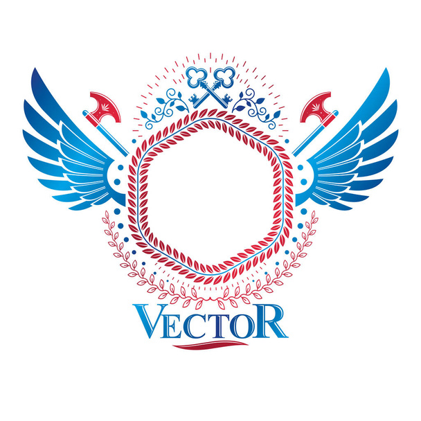 Graphic Ancient Key emblem created in security theme. Heraldic vector design element. Retro style label, heraldry logo decorated with eagle wings and axes. - Вектор, зображення
