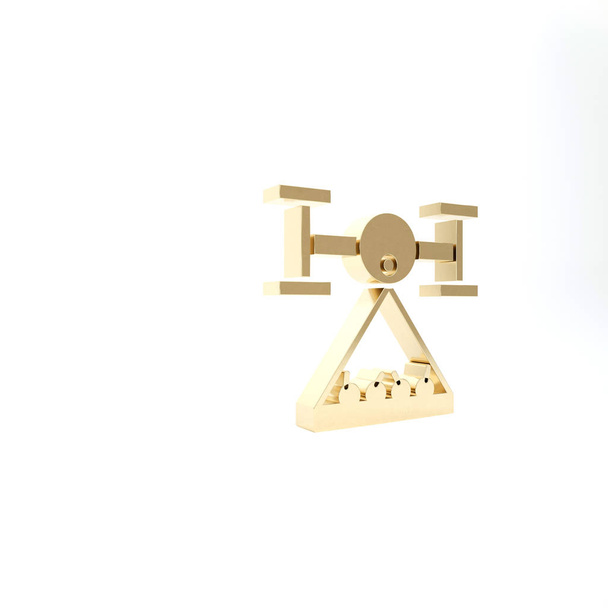 Gold Smart gospodarstwo z kontrolą dronów zbiera ikonę zbiorów izolowanych na białym tle. Technologia innowacyjna dla firmy rolniczej. Ilustracja 3d - Zdjęcie, obraz