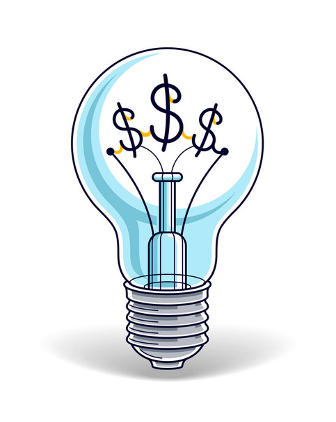Light bulb concept with dollar sign instead of tungsten wire, financial idea for business, beautiful vector illustration. - Vektör, Görsel
