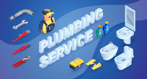 Worker, tools and isometric words Plumbing service. Vector 3d il - Vector, Image
