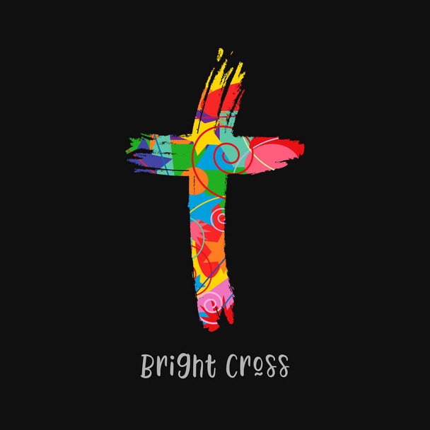 Cross concept in brushing style. Christian church vector logo. Colored crucifixion. Religious symbol and lettering concept. Abstract isolated graphic design template. Creative idea, black background. - Vector, Image