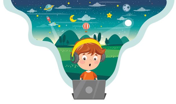 Little Happy Kid Using Technology - Vector, Image