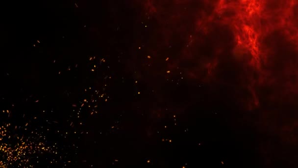 Mooie abstracte naadloze loopable achtergrond. Brandende rode vonken rijzen op uit het vuur. Oranje gloeiende vliegende deeltjes over zwarte en rode lava achtergrond. branddeeltjes achtergrond lus - Video