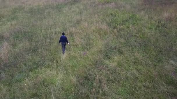 Man goes through field of the grass, shoot from drone - Πλάνα, βίντεο