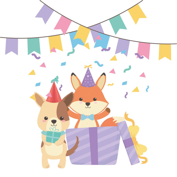 Állatok rajzfilmek boldog születésnapot ikon design - Vektor, kép