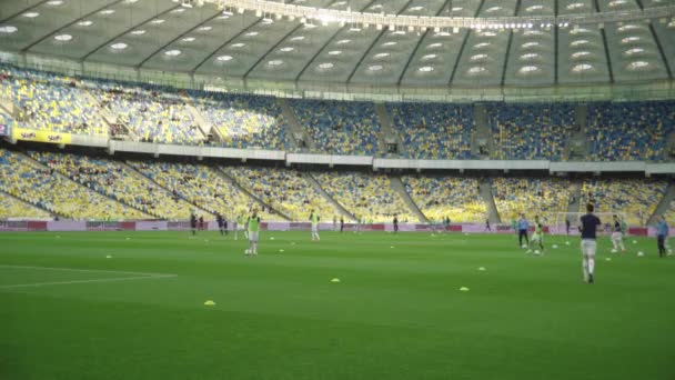 Training football soccer players at the stadium. Warm up. Olimpiyskiy. Kyiv. Ukraine - Video, Çekim