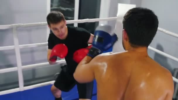 Boxen drinnen - zwei Männer bei einem Trainingskampf im Boxring - Filmmaterial, Video