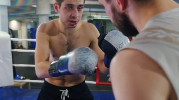 Бокс в приміщенні: двоє чоловіків ведуть агресивну боротьбу на боксерському кільці атака і захист
 - Кадри, відео