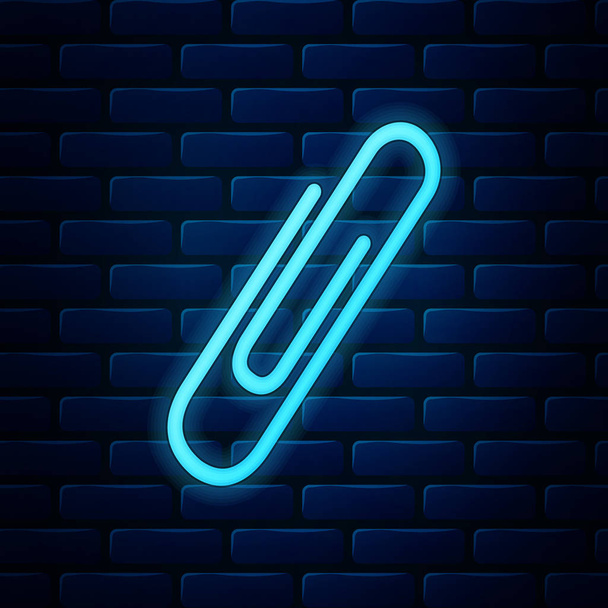 Ícone de clipe de papel neon brilhante isolado no fundo da parede de tijolo. Ilustração vetorial - Vetor, Imagem
