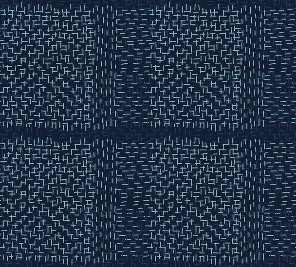Boro Fabric Patch Kantha Vector Pattern. Zatracená výšivka Needlework Bezešvé pozadí. Indigo Blue Barvy. Sashiko Running Stitch Texture Print. Japonsko módní maskulinní quilting dlaždice Eps 10 - Vektor, obrázek