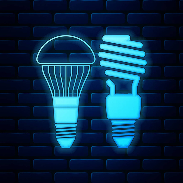 Glowing neon Economical LED illuminated lightbulb and fluorescent light bulb icon isolated on brick wall background. Save energy lamp. Vector Illustration - Vector, Image