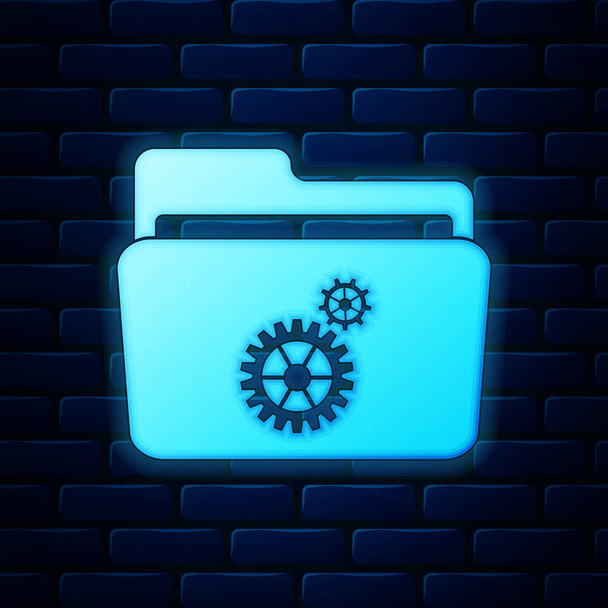 Glowing neon Folder settings with gears icon isolated on brick wall background. Concept of software update, transfer protocol, router, teamwork tool management, copy process. Vector Illustration - Vector, Image