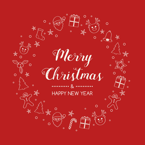 Merry Christmas and Happy New Year - card with hand drawn decorations. Vector. - Διάνυσμα, εικόνα