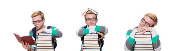 Забавный студент со стопкой книг - Фото, изображение