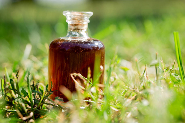 芝生の上に濃い透明な液体とガラス瓶。治癒のための健康飲料又は薬. - 写真・画像