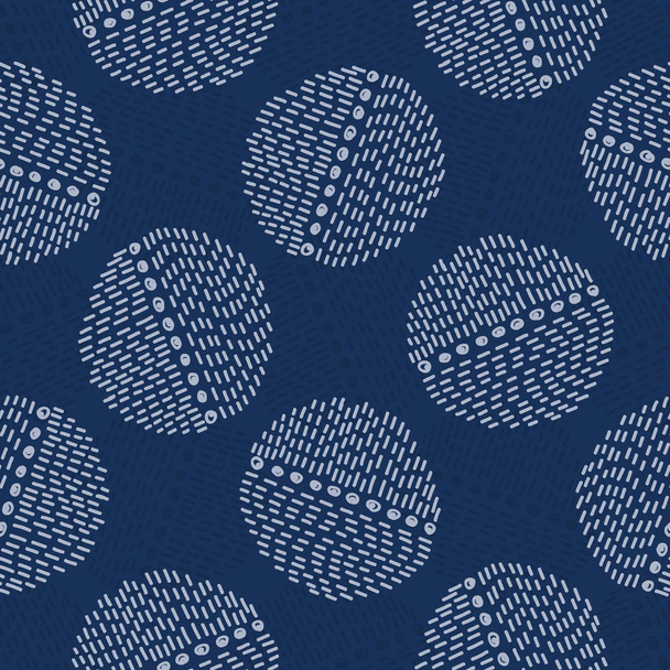 刺繍サークル｜Kantha Sashiko Vector Pattern.アジアの針仕事シームレスな背景。インディゴブルーのスタイル。テキスタイルプリント用ハンドステッチテクスチャの実行、日本の装飾。シンプルな着物の着付け｜Eps 10 - ベクター画像