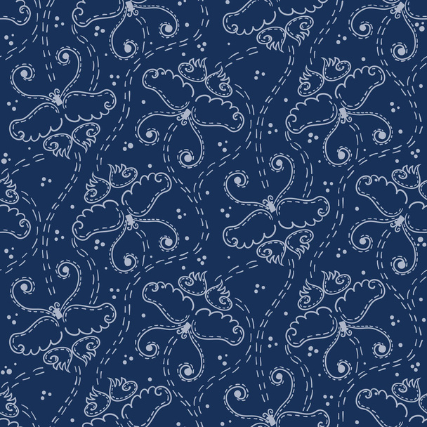 Butterfly Motif Embroidery Sashiko Kantha Vector Pattern. Asian Needlework Seamless Background. Hand Stitch Indigo Blue Running Stitch Texture for Textile Print, Japan Decor. Kimono Quilting EPS 10 - Vektor, obrázek