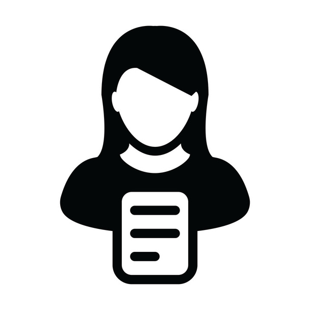 Icono de persona vector perfil de persona femenina con símbolo de documento en una ilustración pictograma glifo
 - Vector, Imagen