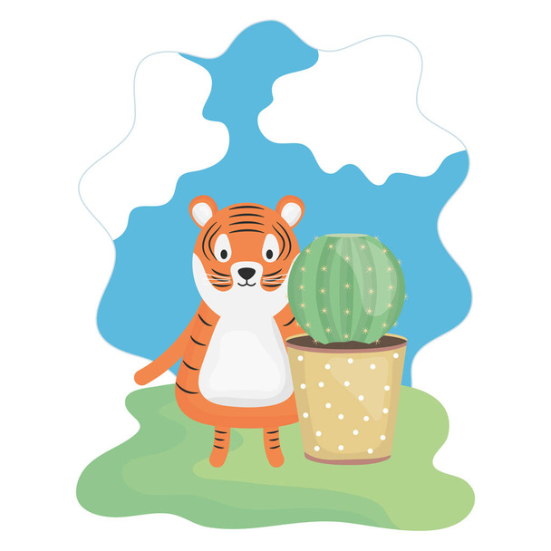 cute tiger with exotic cactus in ceramic pot - Vettoriali, immagini