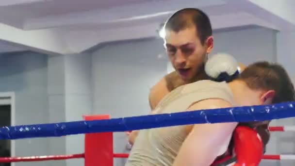 Boksz edzés az edzőteremben - két atlétikai férfi, akik a boksz ringben harcolnak - Felvétel, videó