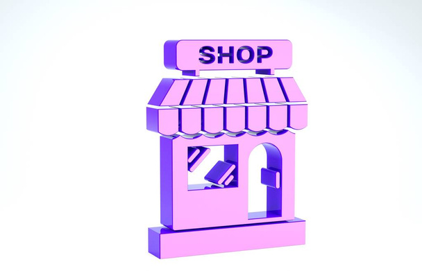 白を背景に、パープルショッピングビルやマーケットストアのアイコンが隔離されています。店の建設。3Dイラスト3Dレンダリング - 写真・画像