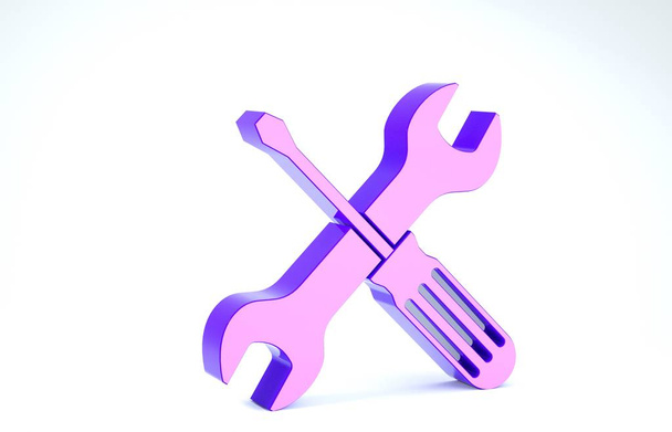 Фиолетовая крестовая отвертка и значок гаечного инструмента изолированы на белом фоне. Символ служебного инструмента. 3D-рендеринг
 - Фото, изображение