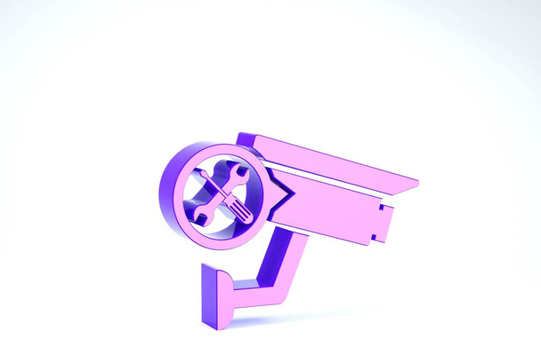 lila Überwachungskamera mit Schraubenzieher und Schraubenschlüssel-Symbol isoliert auf weißem Hintergrund. Anpassung, Service, Einstellung, Wartung, Reparatur, Reparatur. 3D Illustration 3D Renderer - Foto, Bild