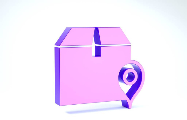Emplacement violet avec icône boîte en carton isolé sur fond blanc. Services de livraison, logistique et transport, déménagement, distribution. Illustration 3D rendu 3D
 - Photo, image