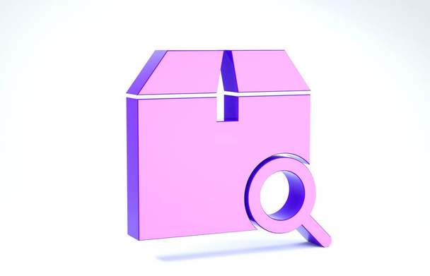 Purple Search package icon isolated on white background. Parcel tracking symbol. Magnifying glass and cardboard box. Logistic and delivery. 3d illustration 3D render - Foto, imagen