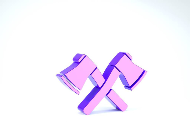Icona con ascia in legno incrociato viola isolata su sfondo bianco. Ascia taglialegna. Illustrazione 3d rendering 3D
 - Foto, immagini