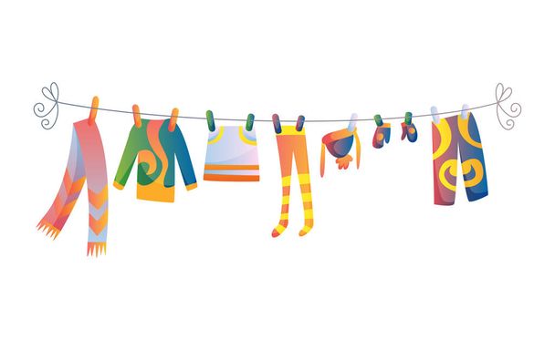 Various items of baby clothes on rope isolated vector illustration on white background. Laundry held by plastic pegs drying - Vector, Image
