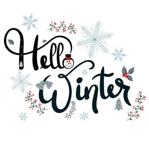 Ciao Testo invernale decorativo con fiocchi di neve e foglie. Decorazione per carte, manifesti, striscioni e altro
. - Vettoriali, immagini