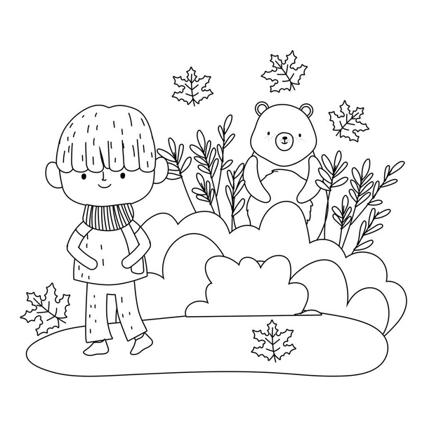Izolovaný chlapec kreslený v podzimním období designu - Vektor, obrázek