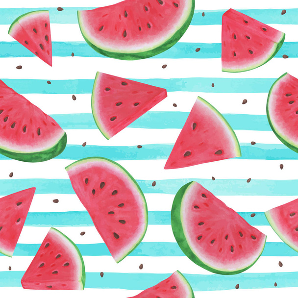 nahtloser Hintergrund mit Wassermelonenscheiben auf blauen Aquarellstreifen. Design für Urlaubs-Grußkarten und Einladung zu saisonalen Sommerferien, Sommer-Strandpartys, Tourismus und Reisen - Vektor, Bild