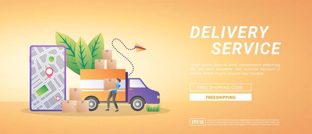 Online goods delivery services. Delivery to home and office, free delivery and fast delivery. Suitable for web landing page, marketing, advertising, promotion, banner. Vector illustration - ベクター画像