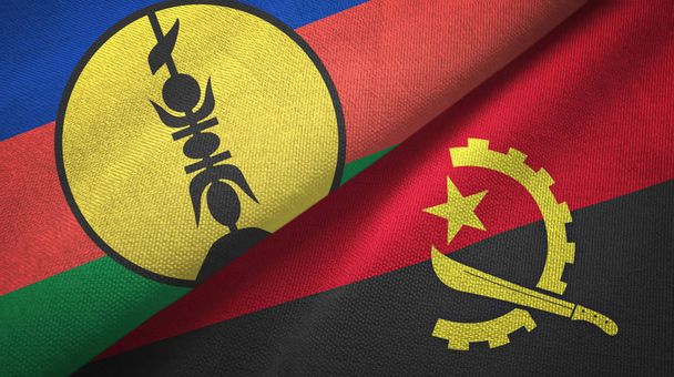 Nowa Kaledonia i Angola dwie flagi tkaniny tekstylne, tekstura tkaniny - Zdjęcie, obraz