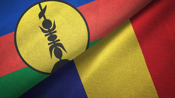New Caledonia and Romania two flags textile cloth, fabric texture - Photo, Image