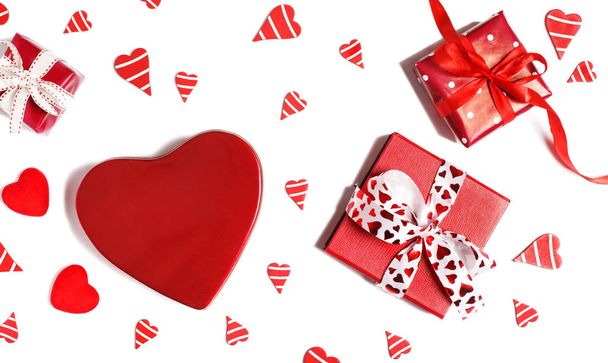 Red gift boxes and red hearts isolated on white background. Vale - Fotoğraf, Görsel
