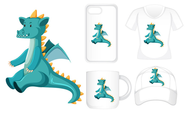 Design gráfico em diferentes produtos com dragão verde
 - Vetor, Imagem