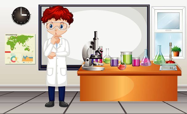 Classroom scene with science teacher and equipments in the room - Vector, Image