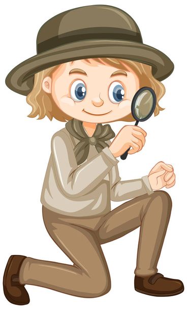 Girl with magnifying glass on white background - Vector, Image