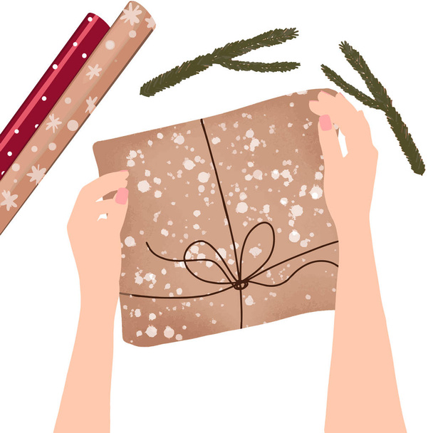 Gift wrapping. A gift in hands. New Year's decor flute. Tree branches. . Christmas. Happy New Year. Vector drawing. Background drawing for lettering. - Vector, imagen
