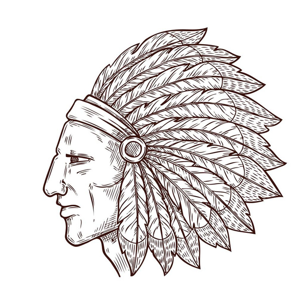 Szkic indiańskiego wodza, nakrycie głowy piór - Wektor, obraz