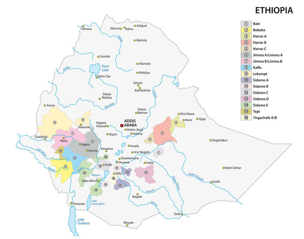エチオピアのコーヒー栽培地域の地図 - ベクター画像
