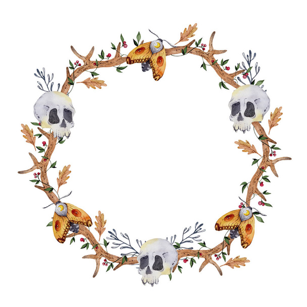 Hand drawn watercolor wreath with mystical elements. Witchcraft symbols, skull, moth, horn. - Zdjęcie, obraz