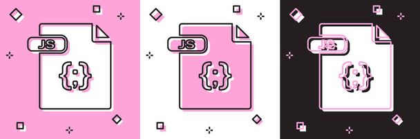Установите документ JS. Иконка кнопки выделена на розовом и белом, черном фоне. Символ файла JS. Векторная миграция
 - Вектор,изображение