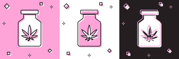 Állítsa orvosi palack marihuána vagy cannabis levél ikon izolált rózsaszín és fehér, fekete háttér. Kannabiszolaj kivonatok üvegekben. Vektorillusztráció - Vektor, kép