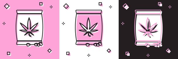 Zestaw nasion marihuany lub konopi w ikonie worka izolowane na różowo-białym, czarnym tle. Symbol konopi. Proces sadzenia marihuany. Ilustracja wektora - Wektor, obraz