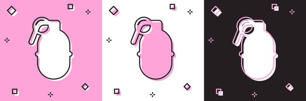 Definir ícone de granada de mão isolado em rosa e branco, fundo preto. Explosão de bombas. Ilustração vetorial
 - Vetor, Imagem