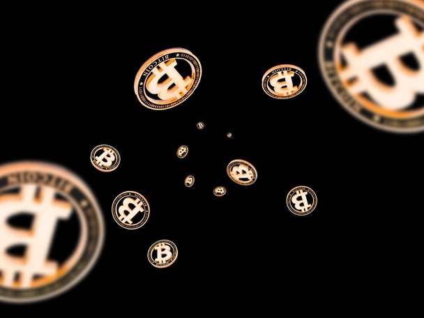 Бумажник биткойна. Gold Falling Cryptomoney изолирован в темноте. Litecoin, фон криптовалюты Ethereum
.  - Фото, изображение